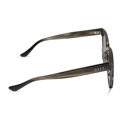 diff eyewear featuring the meredith square sunglasses with a smoke marble frame and grey gradient polarized lenses side view