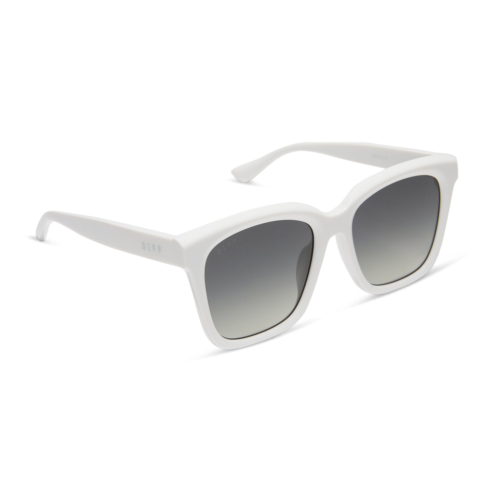 diff eyewear meredith square sunglasses with a white snowbound frame and grey gradient polarized lenses angled view