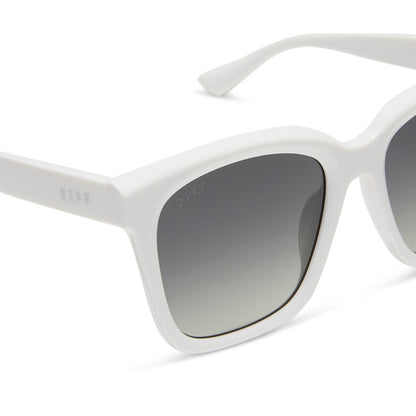 diff eyewear meredith square sunglasses with a white snowbound frame and grey gradient polarized lenses detailed view