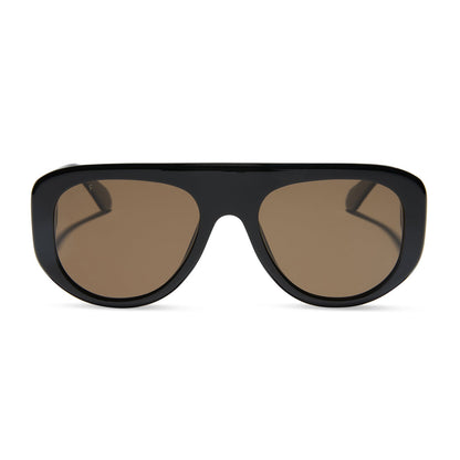 diff eyewear featuring the morgan shield sunglasses with a black frame and brown polarized lenses front view
