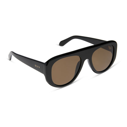 diff eyewear featuring the morgan shield sunglasses with a black frame and brown polarized lenses angled view