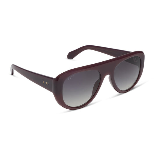 diff eyewear morgan oversized navigator sunglasses with a cocoa powder brown acetate frame and grey gradient polarized lenses angled view