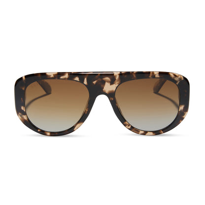 diff eyewear featuring the morgan shield sunglasses with a espresso tortoise frame and brown gradient polarized lenses front view