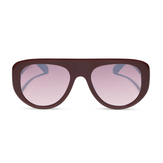 diff eyewear featuring the morgan oversized navigator sunglasses with a rugby red acetate frame and burgundy gradient lenses front view