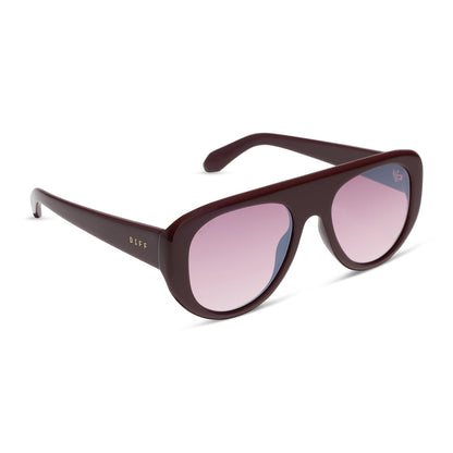 diff eyewear featuring the morgan oversized navigator sunglasses with a rugby red acetate frame and burgundy gradient lenses angled view