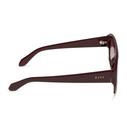 diff eyewear featuring the morgan oversized navigator sunglasses with a rugby red acetate frame and burgundy gradient lenses side view