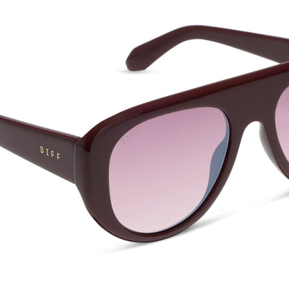 diff eyewear featuring the morgan oversized navigator sunglasses with a rugby red acetate frame and burgundy gradient lenses detailed view