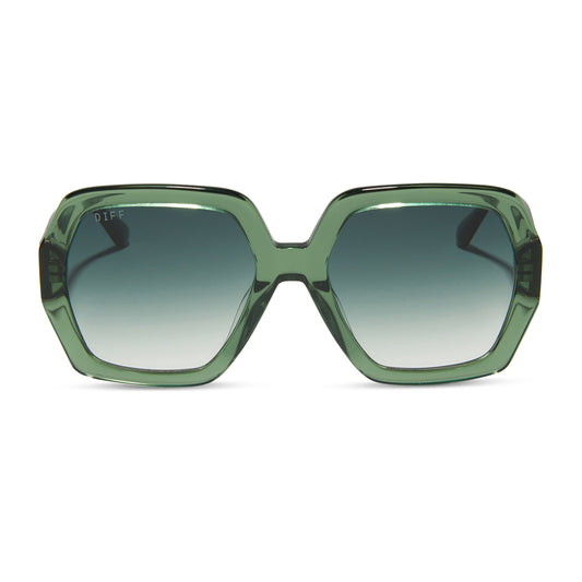 diff eyewear featuring the nola hexagon sunglasses with a sage crystal frame and g15 gradient polarized lenses front view