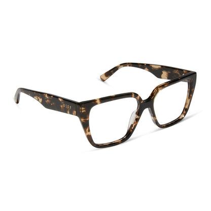diff eyewear featuring the olive square glasses with a espresso tortoise frame and prescription lenses angled view