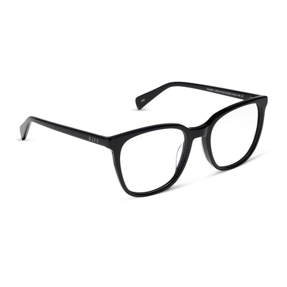 diff eyewear featuring the parker square blue light technology glasses with a black frame angled view