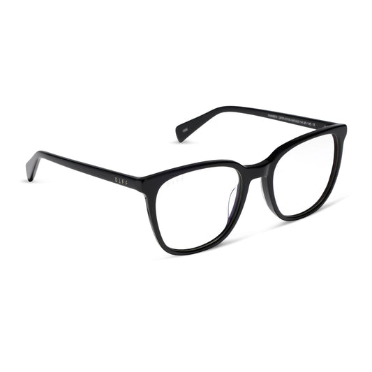 diff eyewear featuring the parker square blue light technology glasses with a black frame angled view