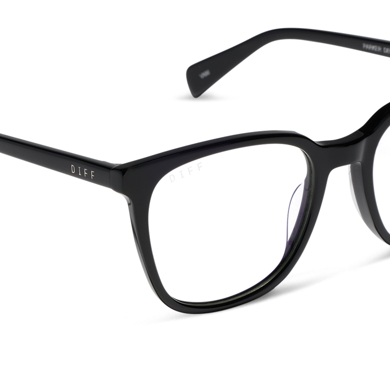 diff eyewear featuring the parker square blue light technology glasses with a black frame detailed view