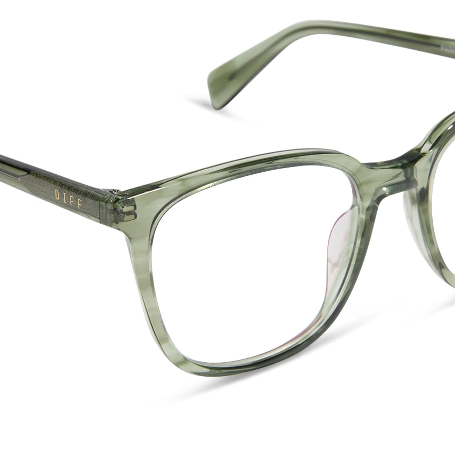 diff eyewear featuring the parker square prescription glasses with a cool matcha green frame and prescription lenses detailed view
