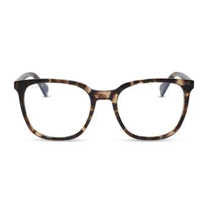diff eyewear featuring the parker square blue light technology glasses with a espresso tortoise frame front view