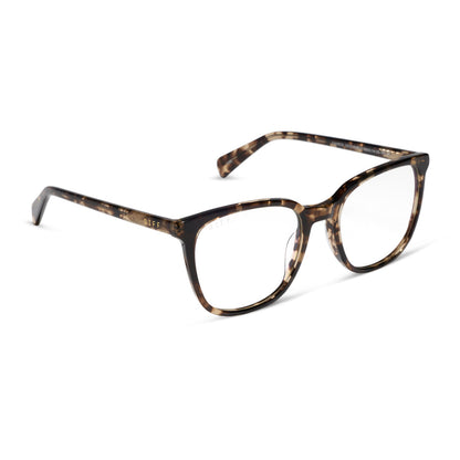 diff eyewear featuring the parker square blue light technology glasses with a espresso tortoise frame angled view
