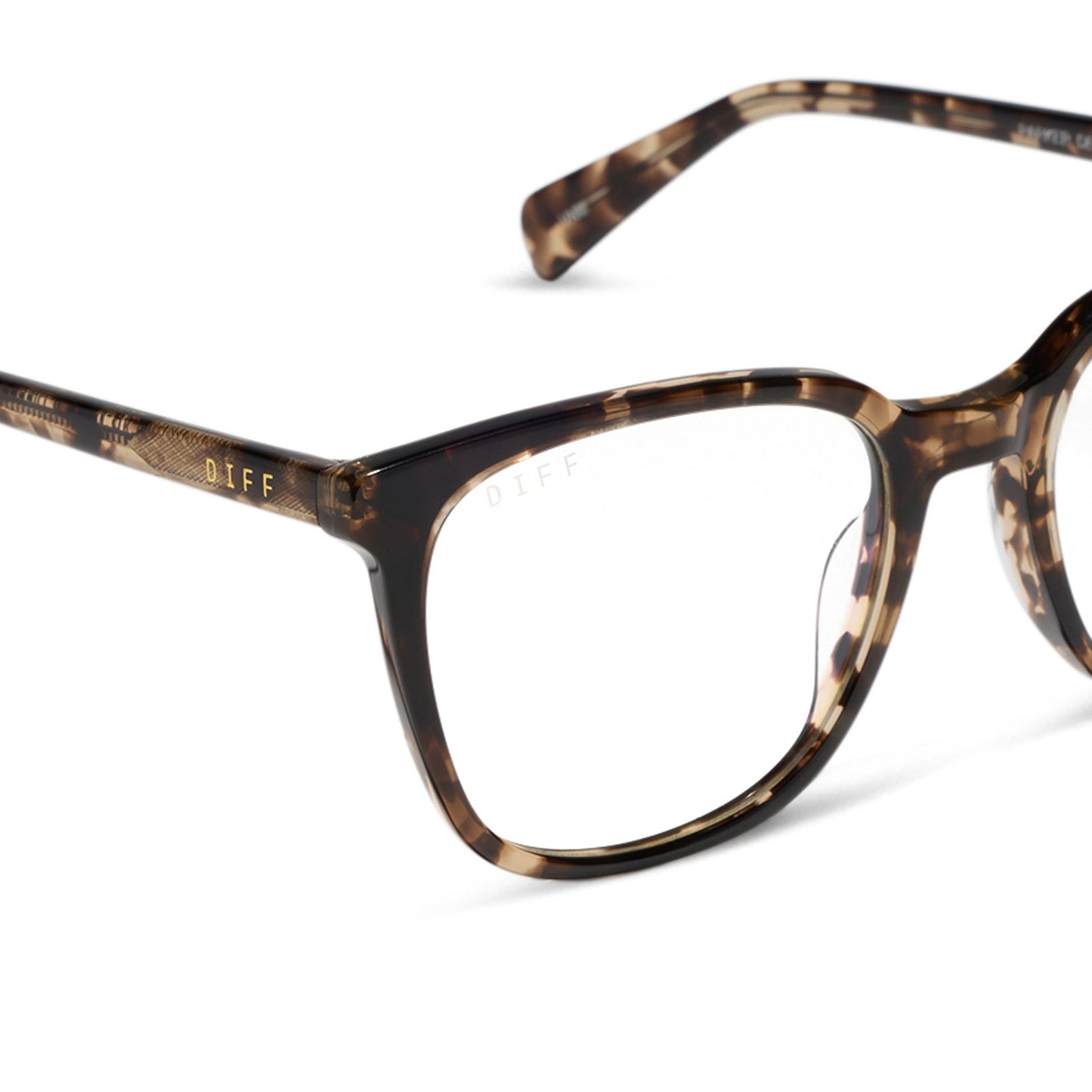 diff eyewear featuring the parker square blue light technology glasses with a espresso tortoise frame detailed view