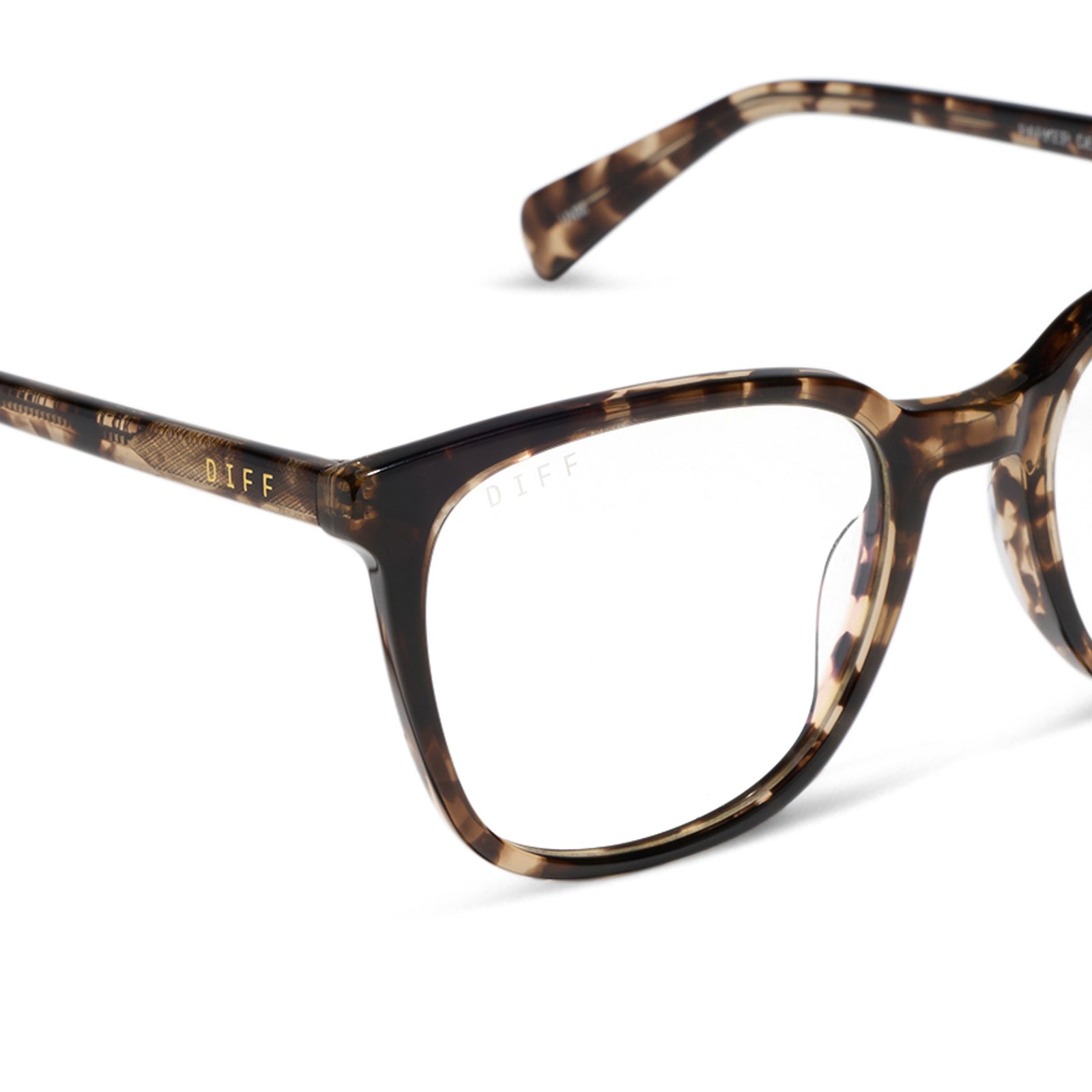 diff eyewear featuring the parker square blue light technology glasses with a espresso tortoise frame detailed view