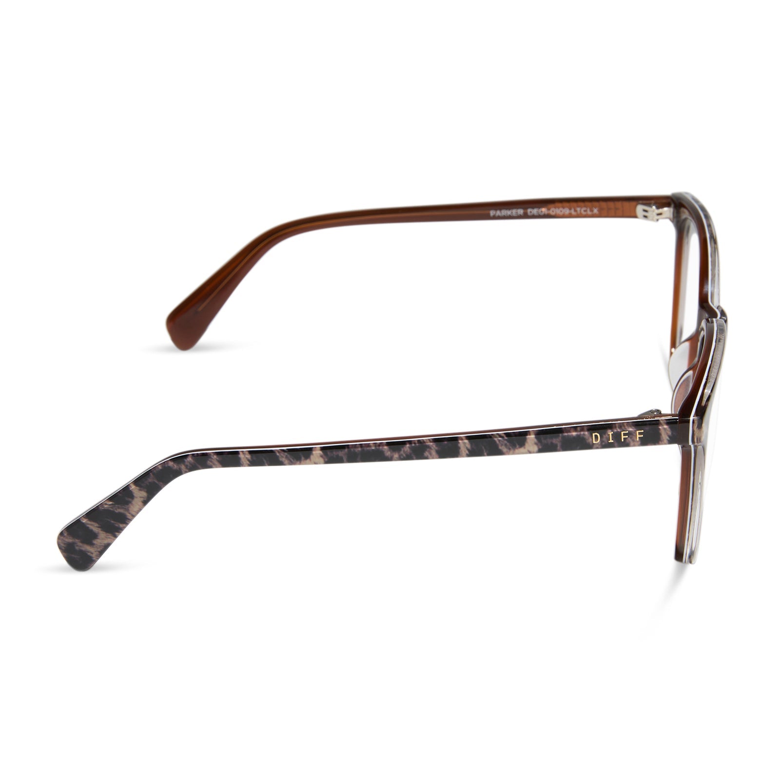 diff eyewear featuring the parker square prescription glasses with a leopard tortoise frame side view