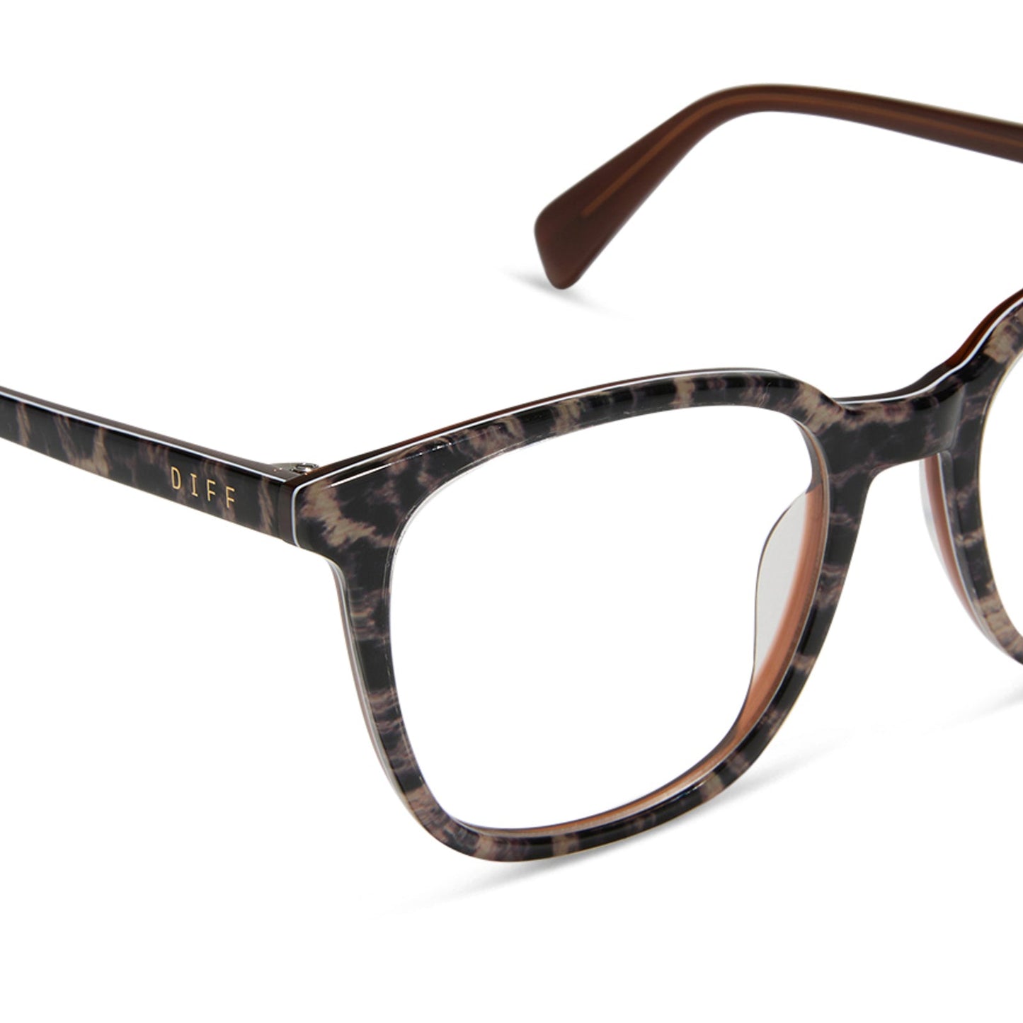 diff eyewear featuring the parker square prescription glasses with a leopard tortoise frame detailed view