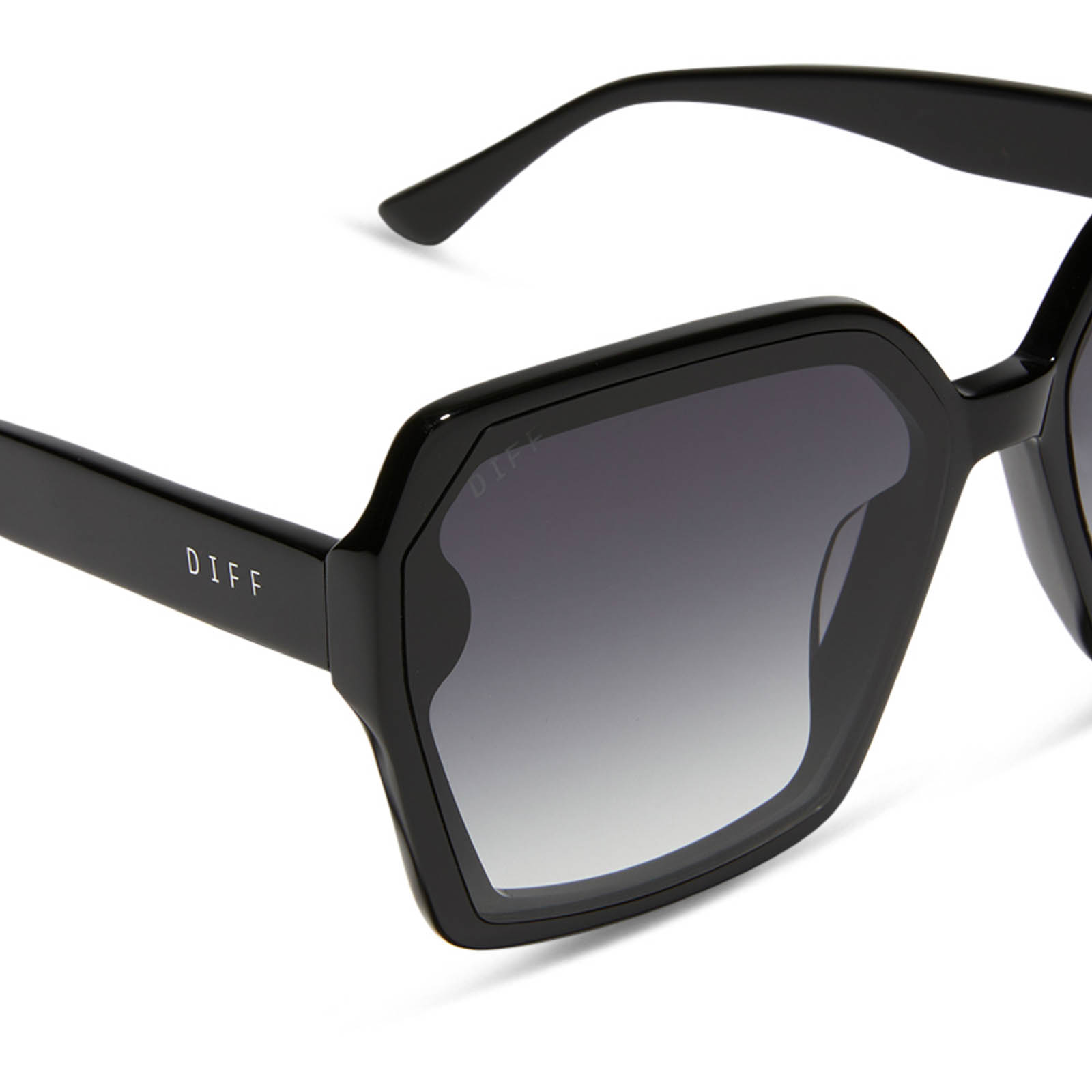 diff eyewear featuring the presley square sunglasses with a black frame and grey gradient lenses detailed view