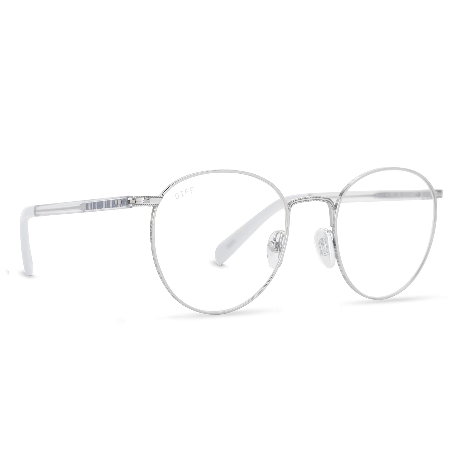 star wars x diff eyewear r2-d2 round glasses with a silver metal frame and prescription lenses angled view