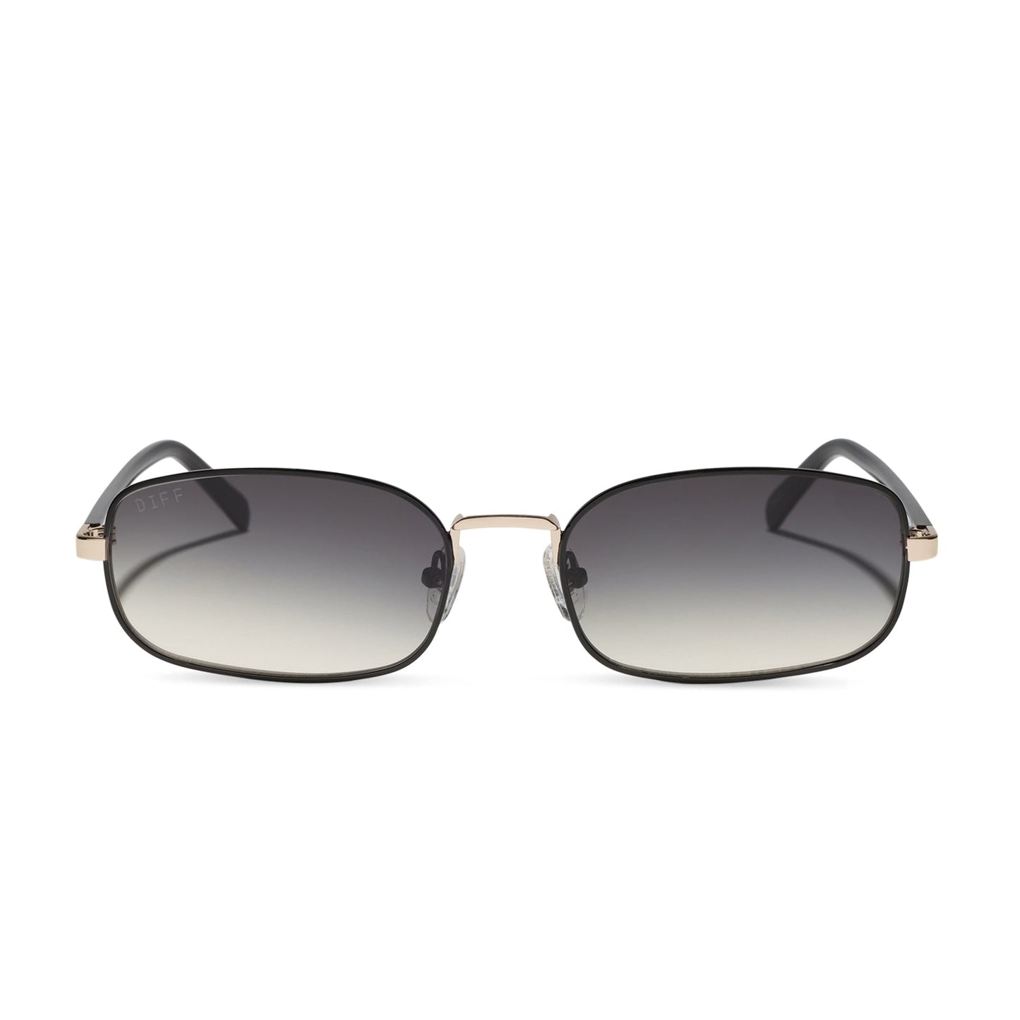 rachael kirkconnell x diff eyewear naomi square sunglasses with a black and gold metal frame and grey gradient lenses front view