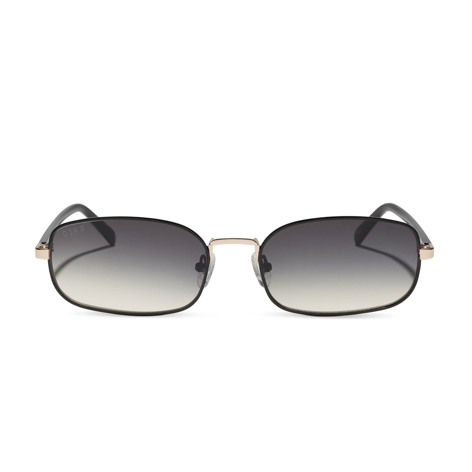 rachael kirkconnell x diff eyewear naomi square sunglasses with a black and gold metal frame and grey gradient lenses front view