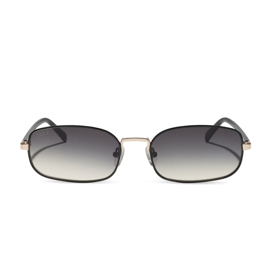 rachael kirkconnell x diff eyewear naomi square sunglasses with a black and gold metal frame and grey gradient lenses front view