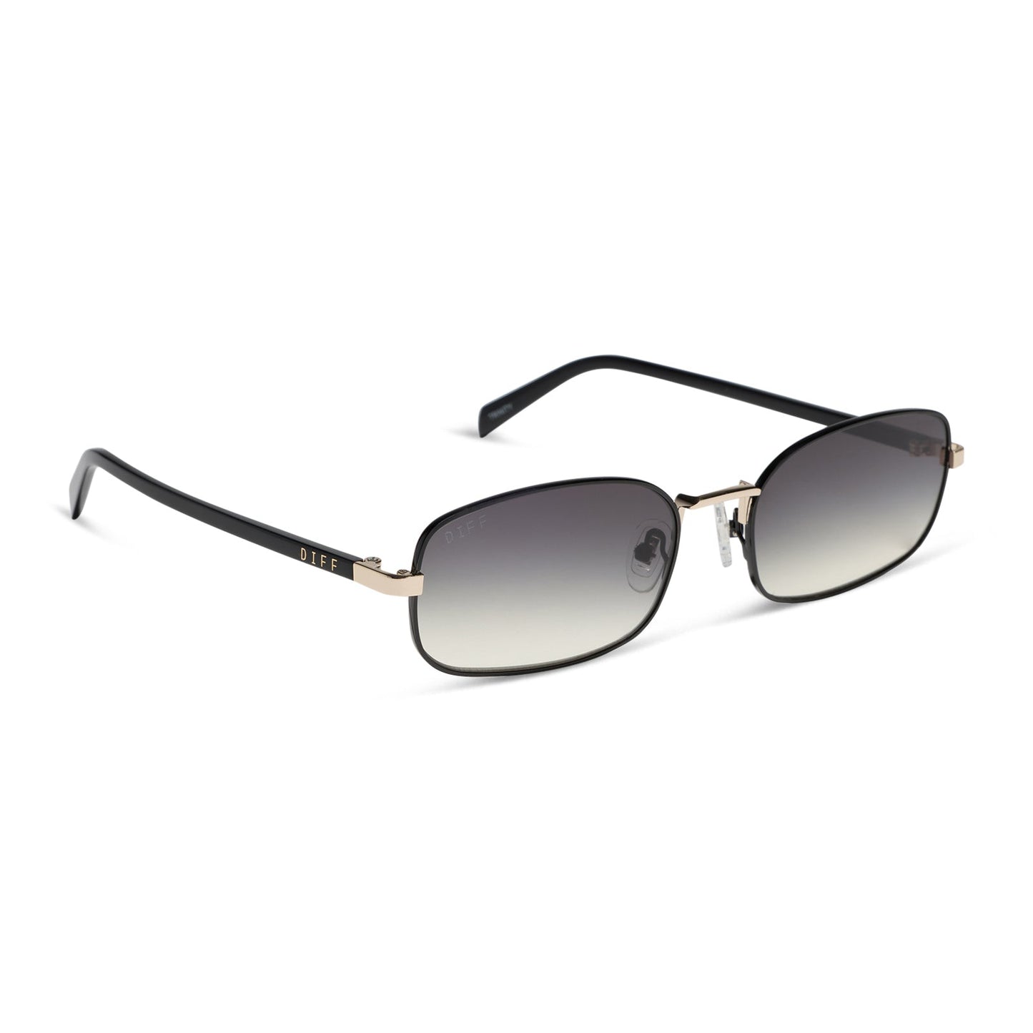 rachael kirkconnell x diff eyewear naomi square sunglasses with a black and gold metal frame and grey gradient lenses angled view