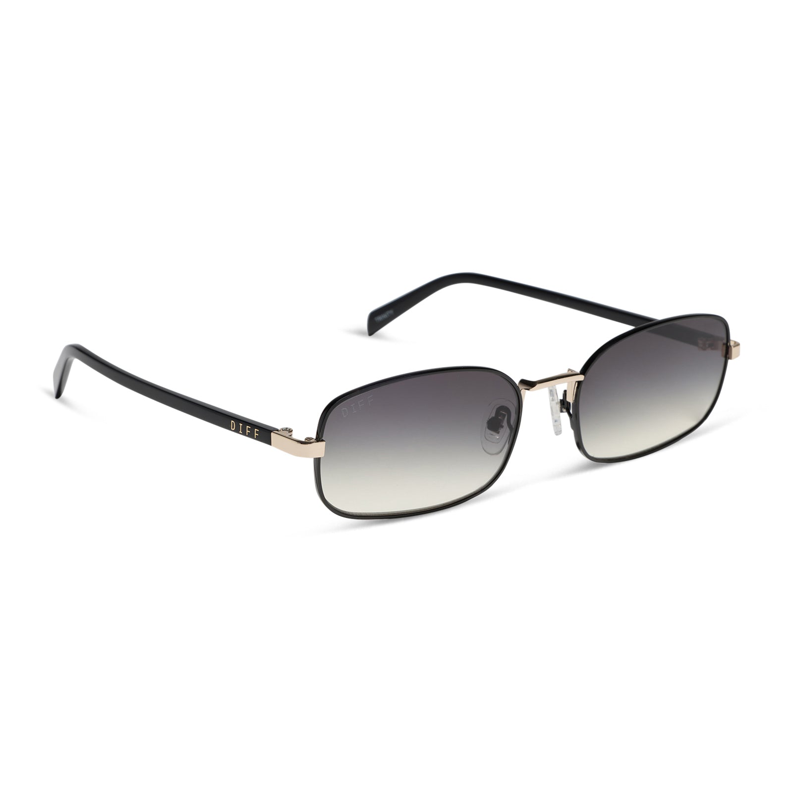 rachael kirkconnell x diff eyewear naomi square sunglasses with a black and gold metal frame and grey gradient lenses angled view