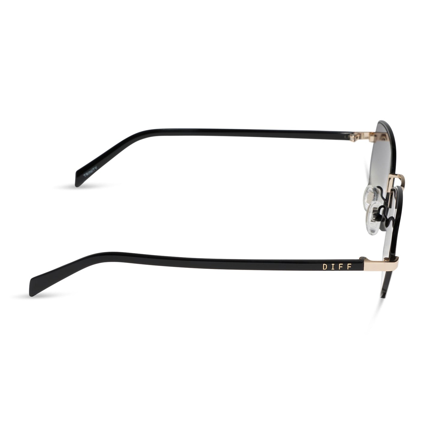 rachael kirkconnell x diff eyewear naomi square sunglasses with a black and gold metal frame and grey gradient lenses side view
