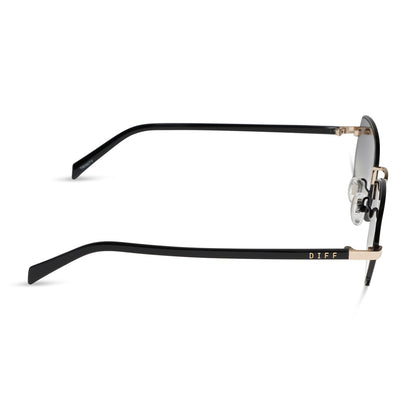 rachael kirkconnell x diff eyewear naomi square sunglasses with a black and gold metal frame and grey gradient lenses side view