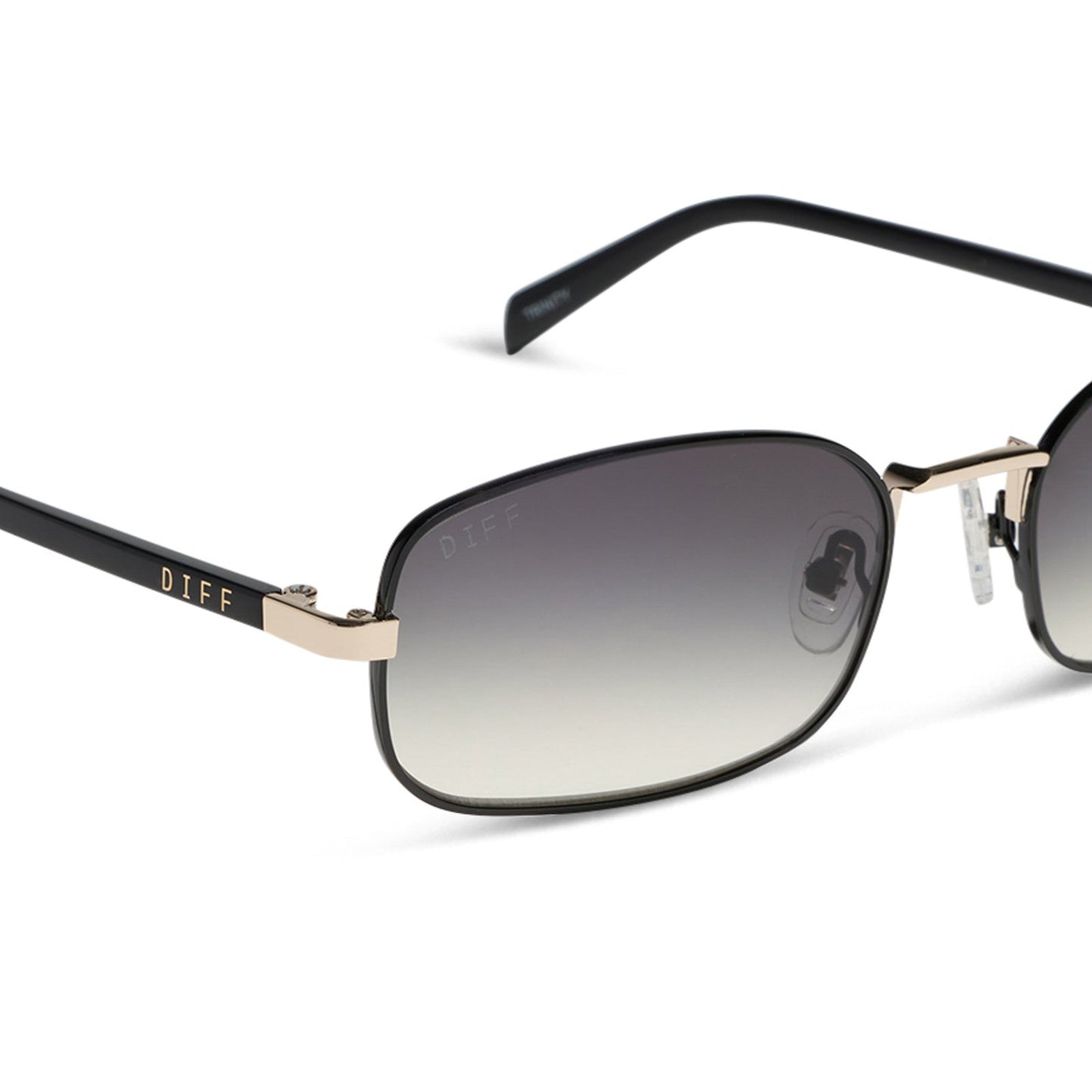rachael kirkconnell x diff eyewear naomi square sunglasses with a black and gold metal frame and grey gradient lenses detailed view