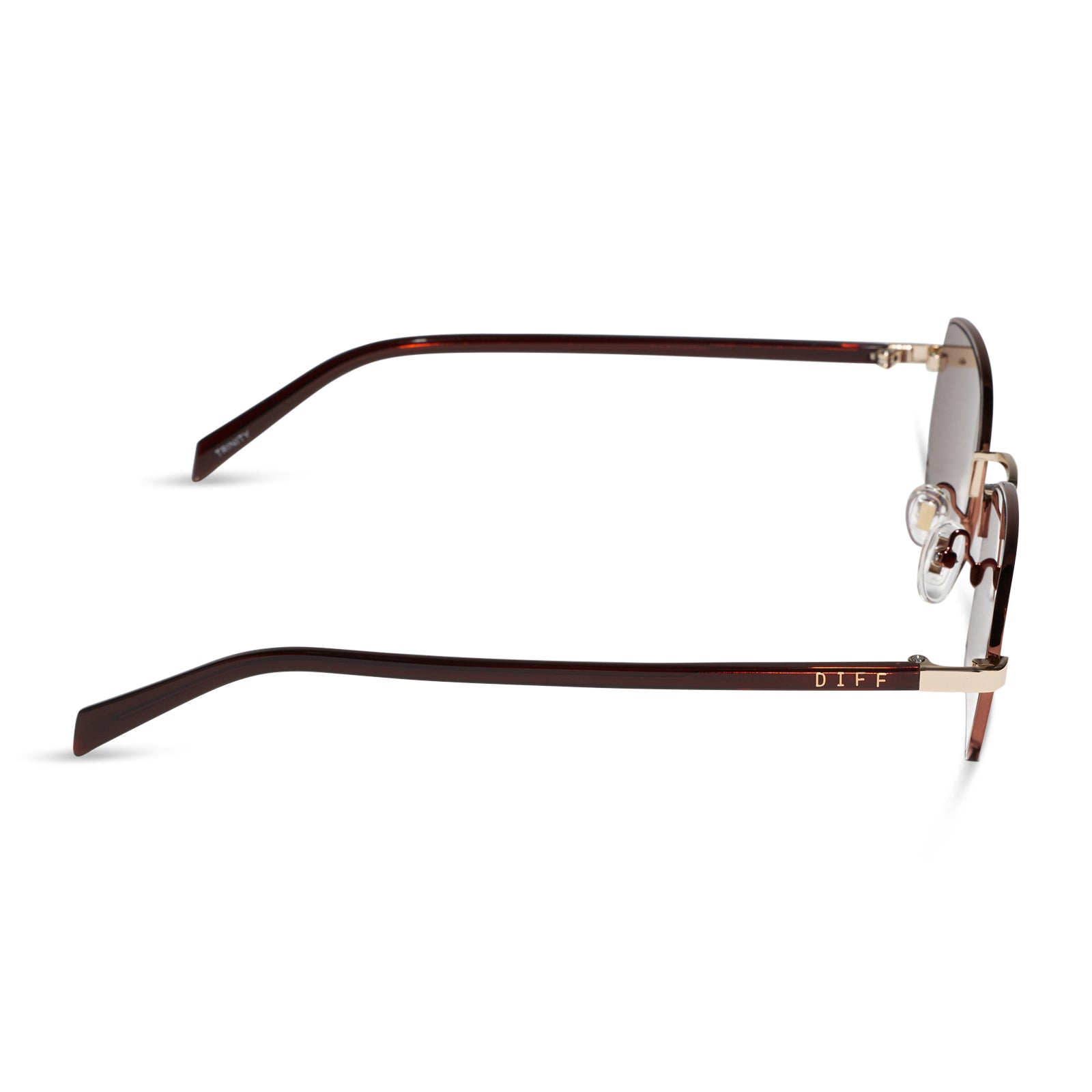 rachael kirkconnell x diff eyewear naomi square sunglasses with a brown and gold metal frame and brown lenses side view