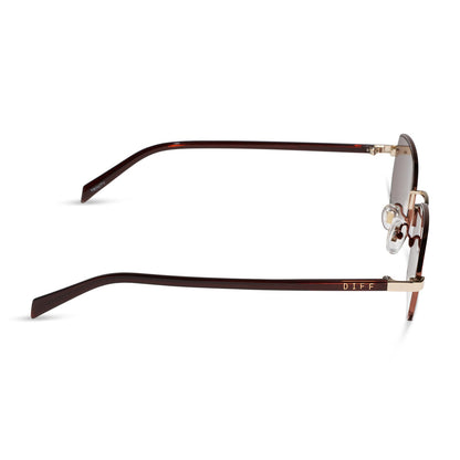 rachael kirkconnell x diff eyewear naomi square sunglasses with a brown and gold metal frame and brown lenses side view