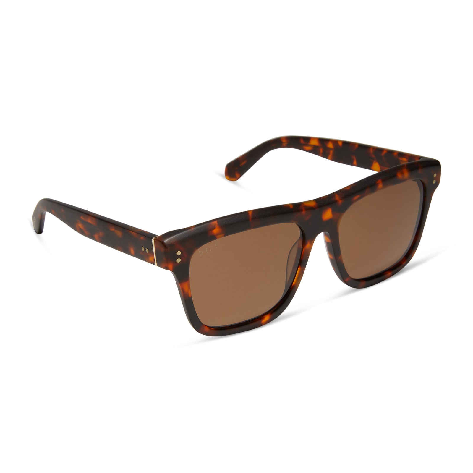 diff eyewear sammy square sunglasses with a rich tortoise matte acetate frame and brown polarized lenses angled view