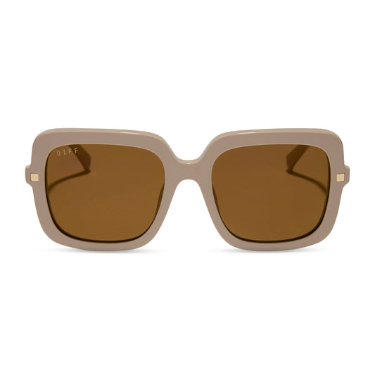 diff eyewear featuring the sandra square sunglasses with a almond frame and brown gold flash lenses front view