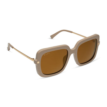 diff eyewear featuring the sandra square sunglasses with a almond frame and brown gold flash lenses angled view