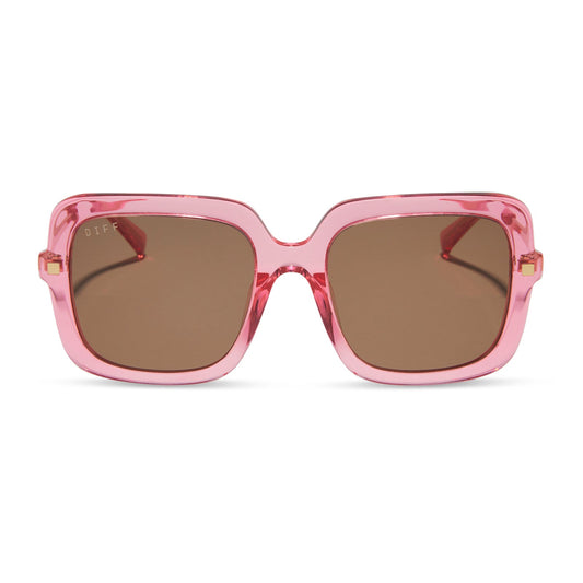 diff eyewear sandra square oversized sunglasses with a candy pink crystal acetate frame and brown lenses front view