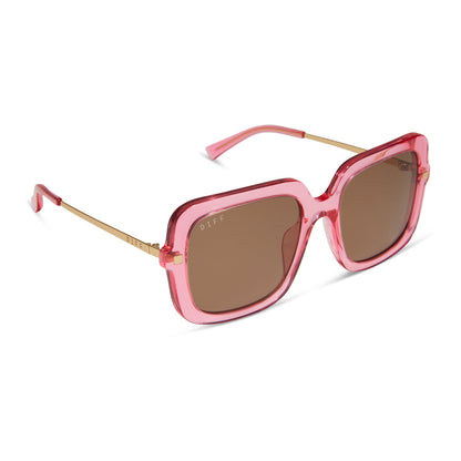 diff eyewear sandra square oversized sunglasses with a candy pink crystal acetate frame and brown lenses angled view