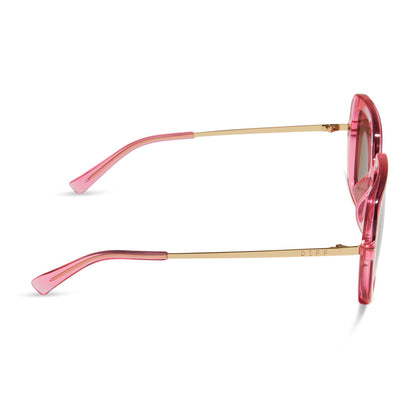 diff eyewear sandra square oversized sunglasses with a candy pink crystal acetate frame and brown lenses side view