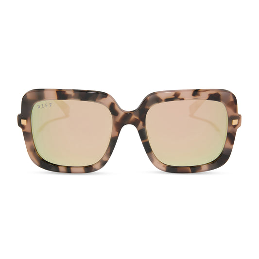 diff eyewear featuring the sandra square sunglasses with a himalayan tortoise frame and taupe mirror lenses front view