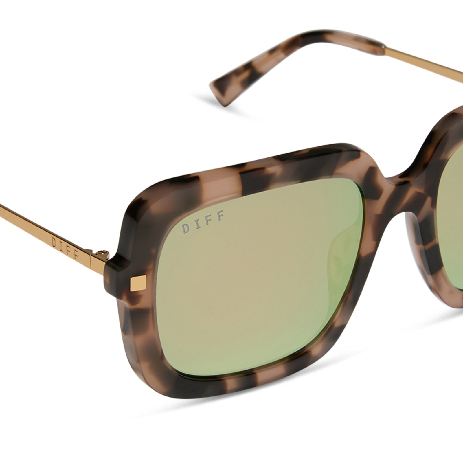 diff eyewear featuring the sandra square sunglasses with a himalayan tortoise frame and taupe mirror lenses detailed view