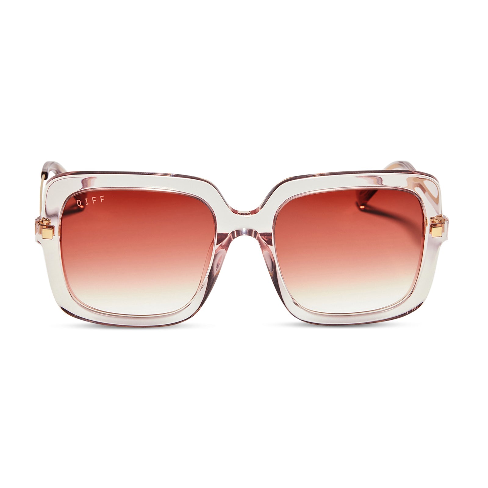 diff eyewear sandra square sunglasses with a light pink crystal frame and peach dusk gradient lenses front view