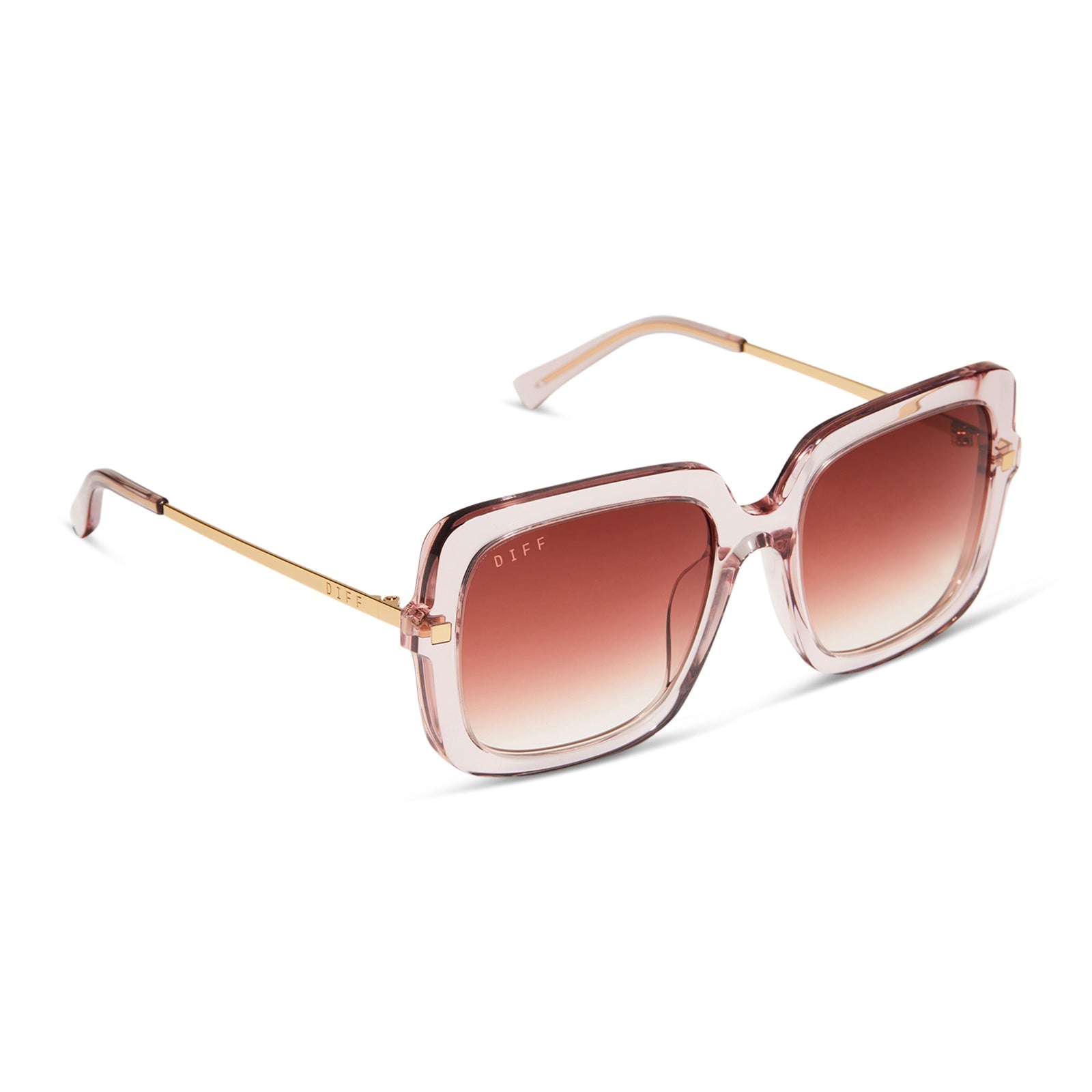 diff eyewear sandra square sunglasses with a light pink crystal frame and peach dusk gradient lenses angled view