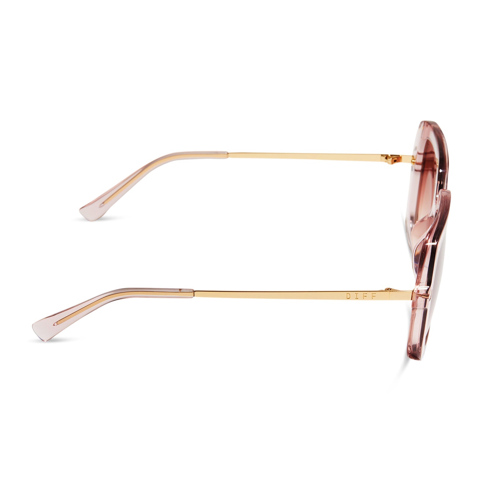 diff eyewear sandra square sunglasses with a light pink crystal frame and peach dusk gradient lenses side view