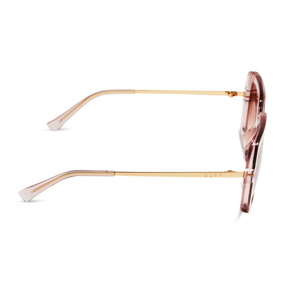 diff eyewear sandra square sunglasses with a light pink crystal frame and peach dusk gradient lenses side view