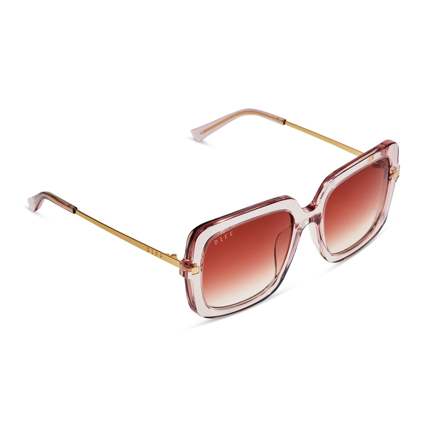 diff eyewear sandra square sunglasses with a light pink crystal frame and peach dusk gradient lenses detailed view