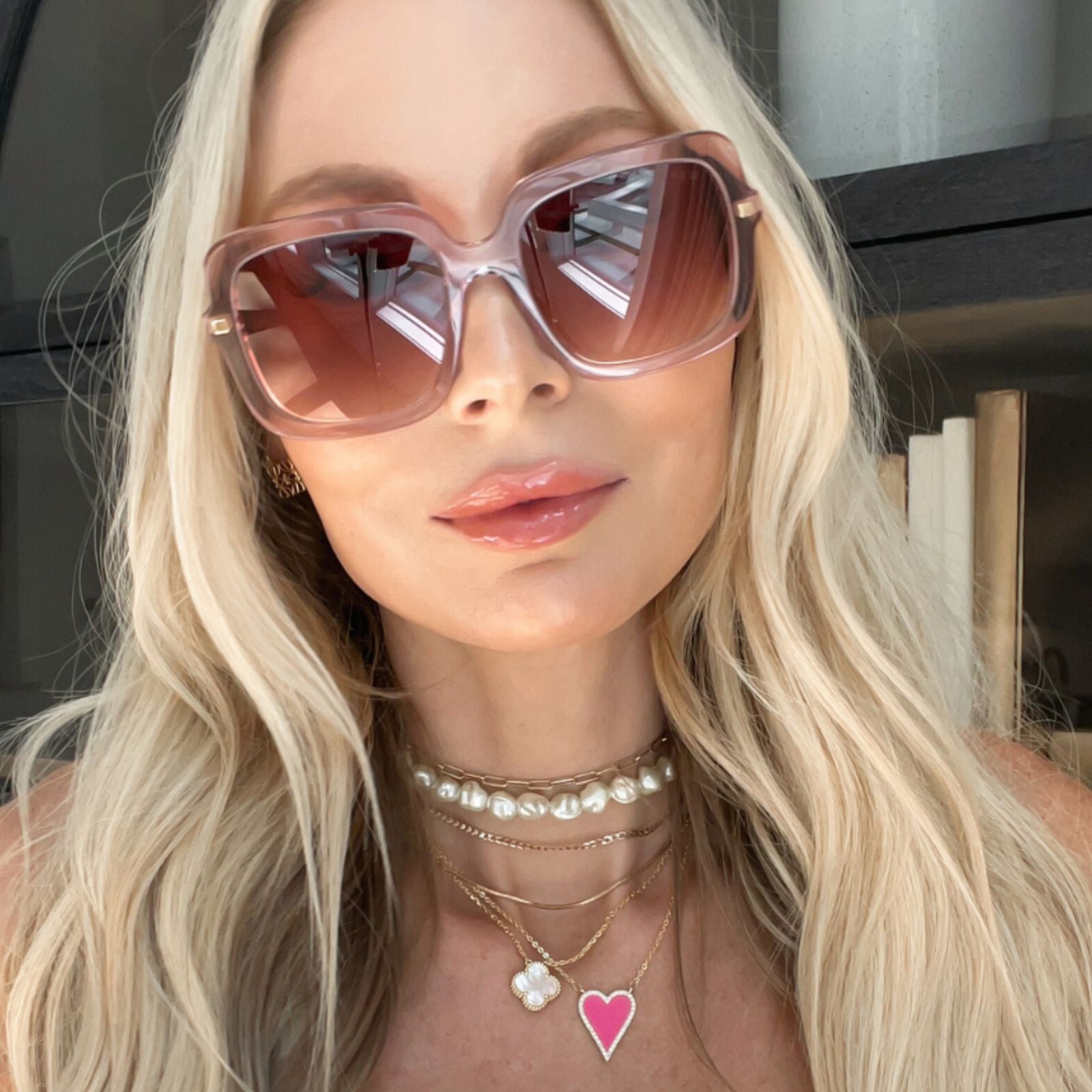 lifestyle - Tay Bradenberg wearing the Diff Eyewear Sandra Light Pink Crystal Dusk Gradient Sunglasses for Women