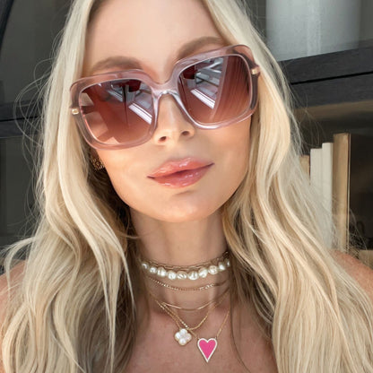 lifestyle - Tay Bradenberg wearing the Diff Eyewear Sandra Light Pink Crystal Dusk Gradient Sunglasses for Women